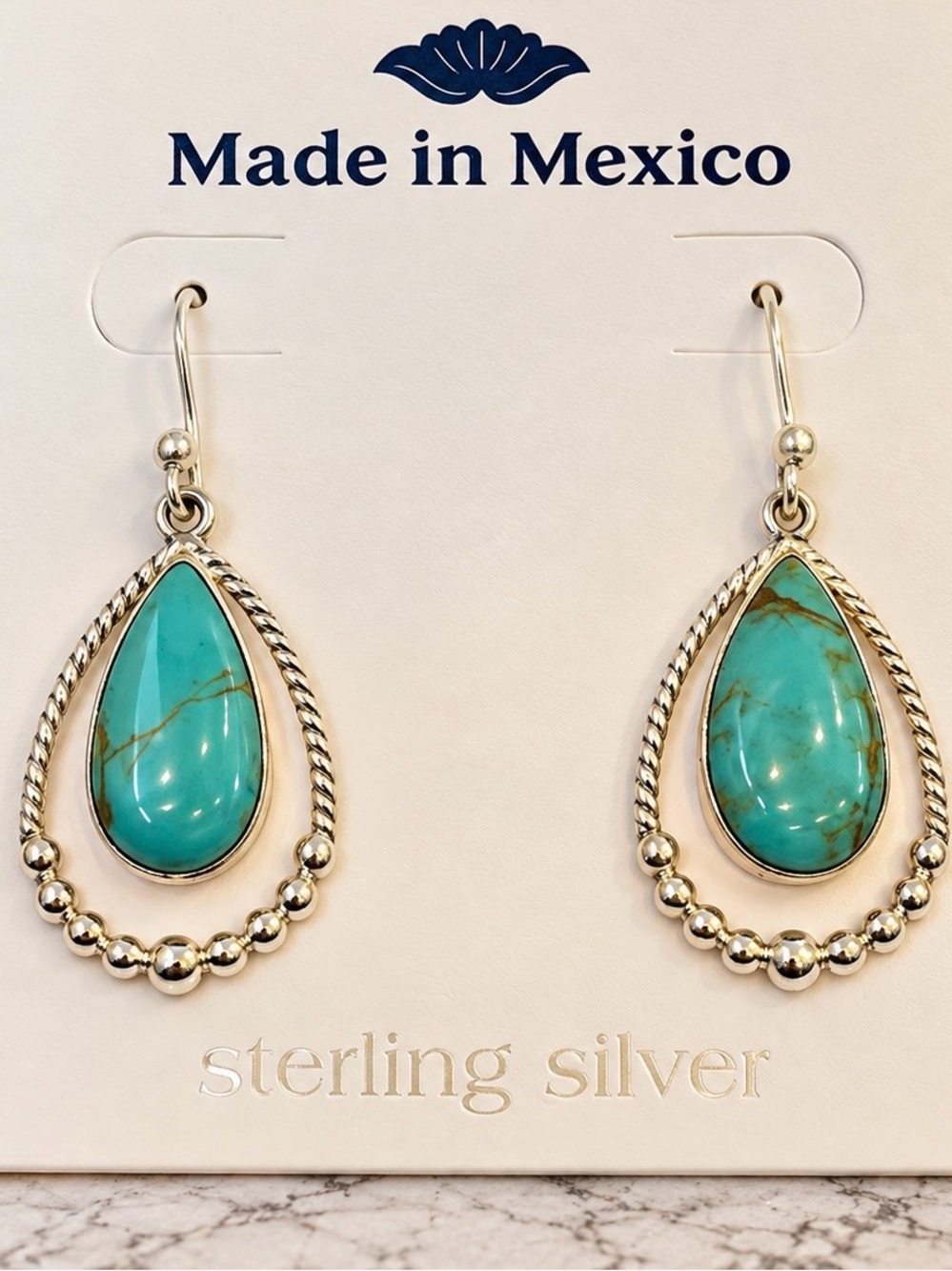 Sterling Silver Turquoise Teardrop Dangle Earrings - Made in Mexico